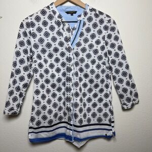 Cacharel Paris Women Blouse Small Button Front Geometric 3/4 Sleeve Cotton